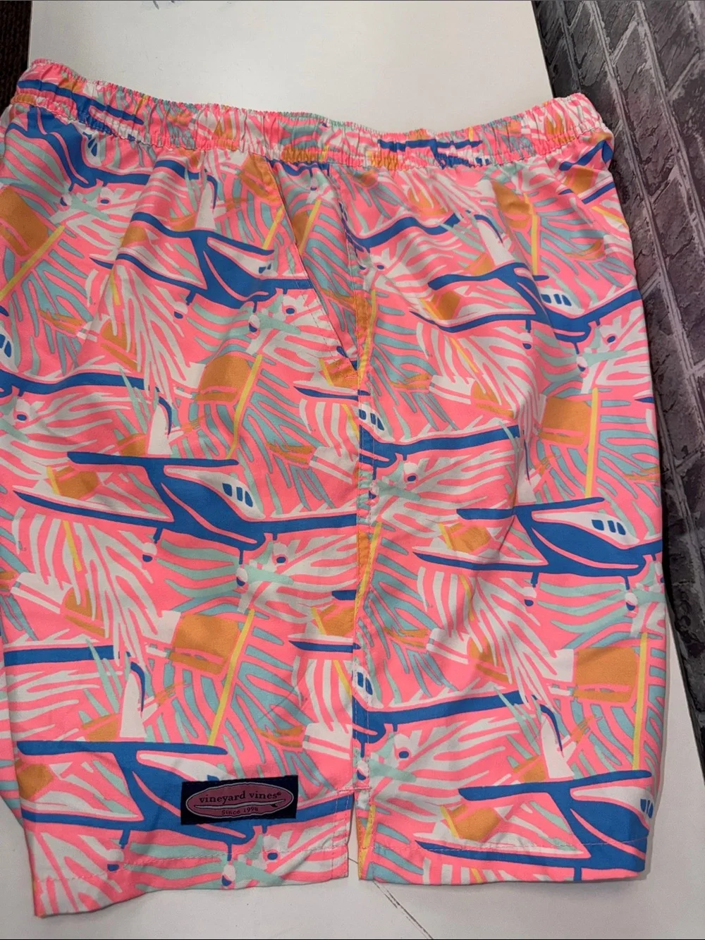 Vineyard Vines Pink Tropical Palm & Whale Print Swim Shorts